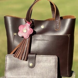 Portland Leather Brown Tote with Pink Flower Accent, Tassel & wallet .